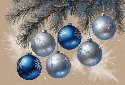 The primary subject of the image is a group of blue ornaments hanging from a tree. The ornaments are shaped like flowers and are suspended from a string. The setting is a tree with branches, and the visual style is a painting or drawing. The colors and mood of the image are predominantly blue, creating a calm and serene atmosphere.